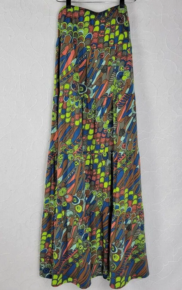 Nikki Poulu Womens Skirt Size XS Multicolor Peacock Floral Tiered Elastic Waist Brown - Image 4