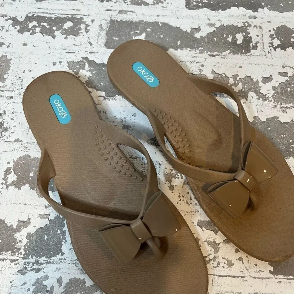 Oka•B | women rubber flip flop sandals with bow Tan Size 10 - Image 3