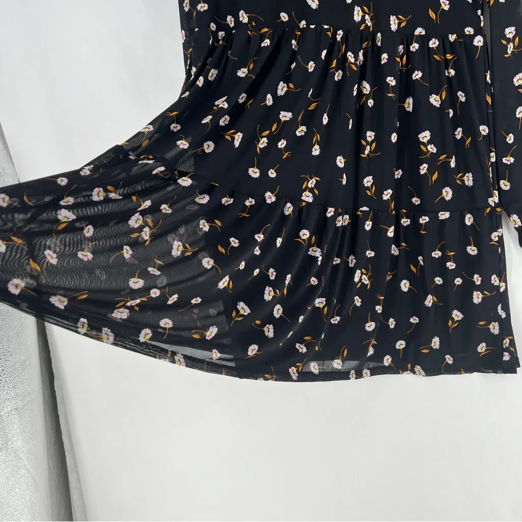 AFRM Noir Spring Floral Sheer Mesh Tiered Long Sleeve Mini Babydoll Dress Size M Black Size M - Image 9
