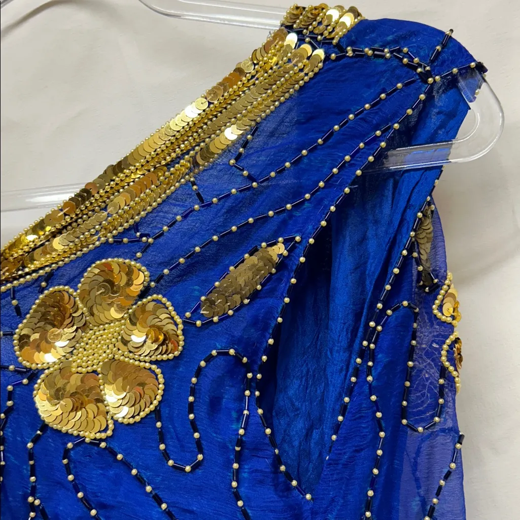 Vintage Dress Women Small Blue Cobalt Gold Sequin Hula Water Goddess Costume - Image 5