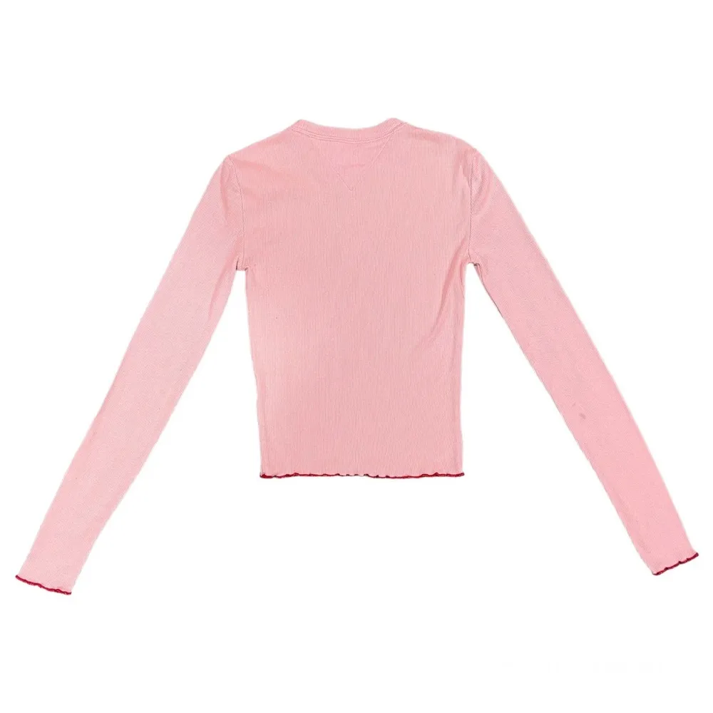 Vtg Y2K Tommy Hilfiger Pink Logo Long Sleeve Top Sz XXS Lettuce Hem - Image 2