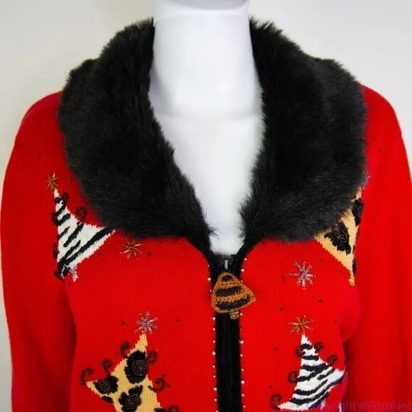 Vintage Berek Christmas cotton blend‎ Faux fur collar beaded red ugly sweater Red Size L - Image 4