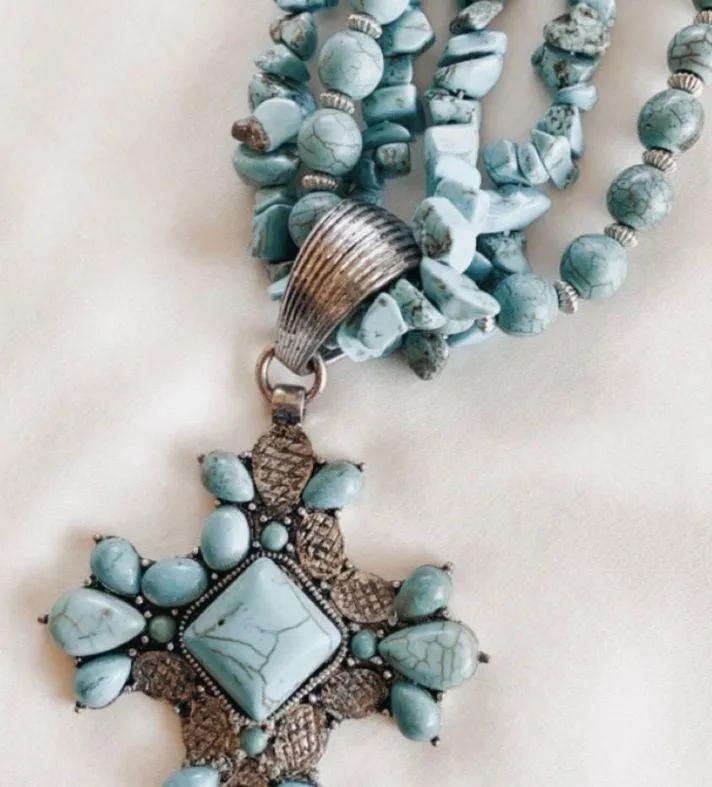 Turquoise Headed Cross Statement Necklace Silver - Image 2
