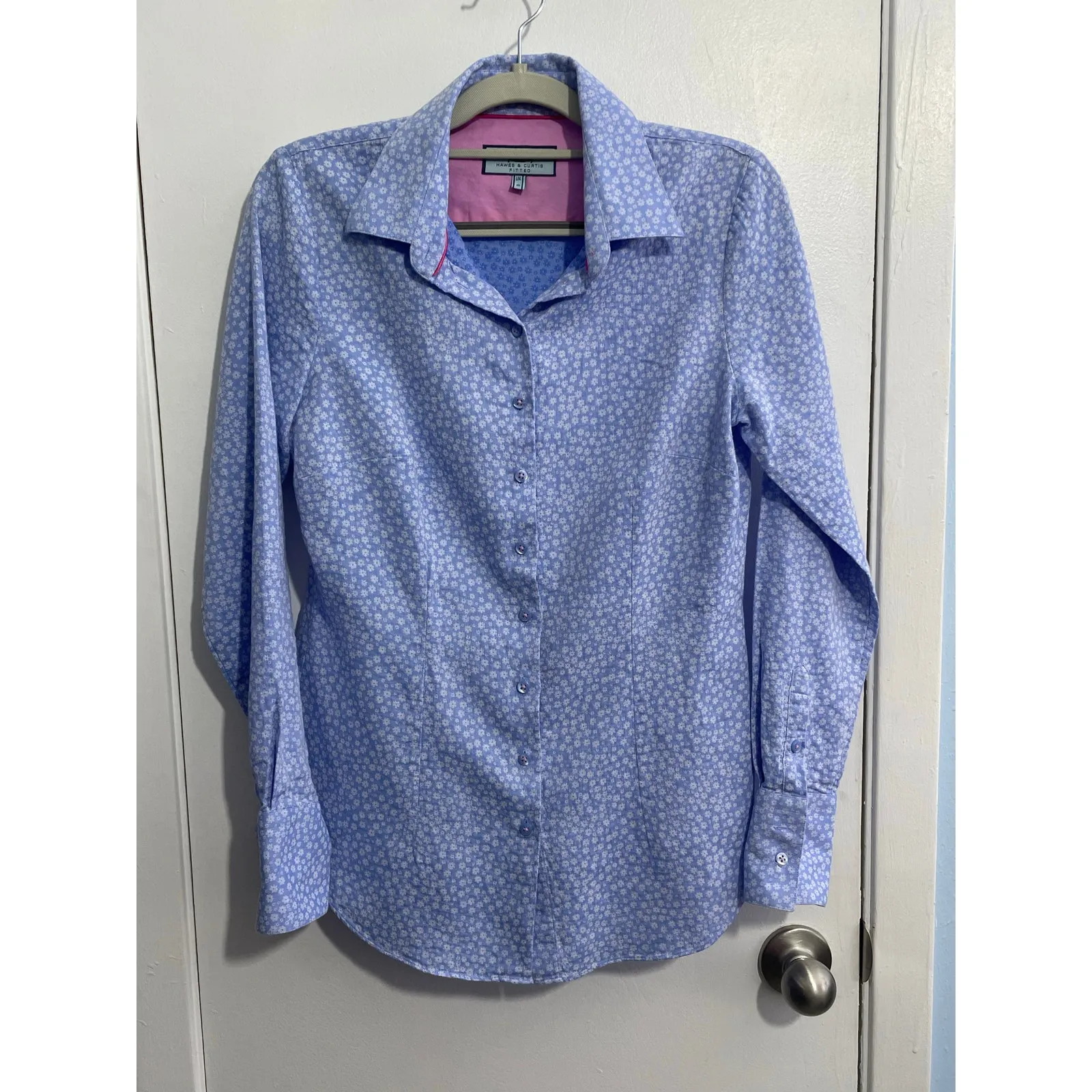 Hawes & Curtis Shirt UK 10 US 6 Blue Floral Pink Flip Cuff Preppy Country Club - Image 4