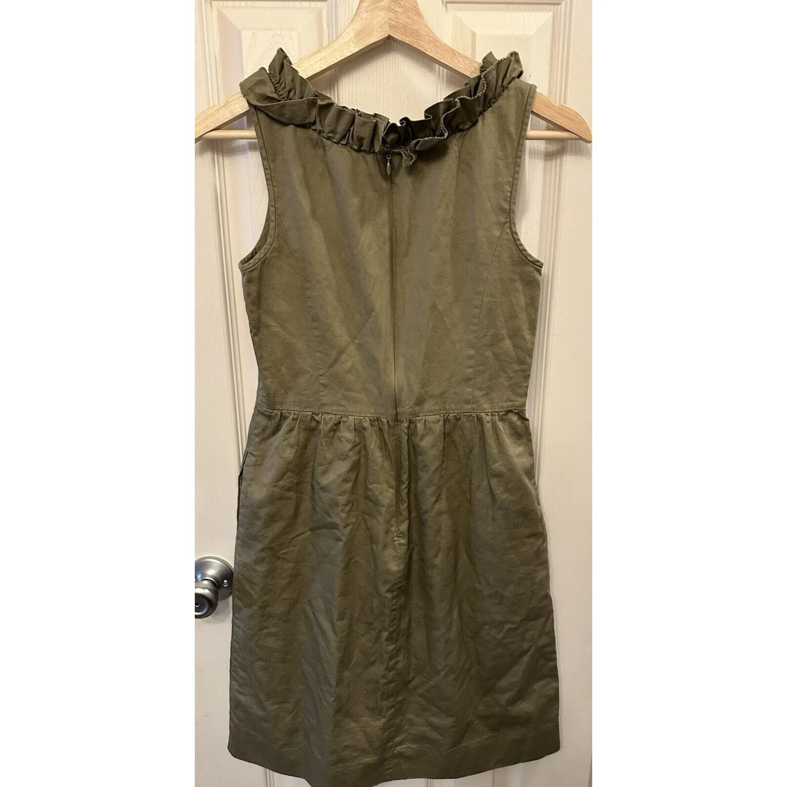 J Crew Olive‎ Green Brown Ruffle Womens Dress Size 0 XS 100% Cotton Pockets EUC - Image 3