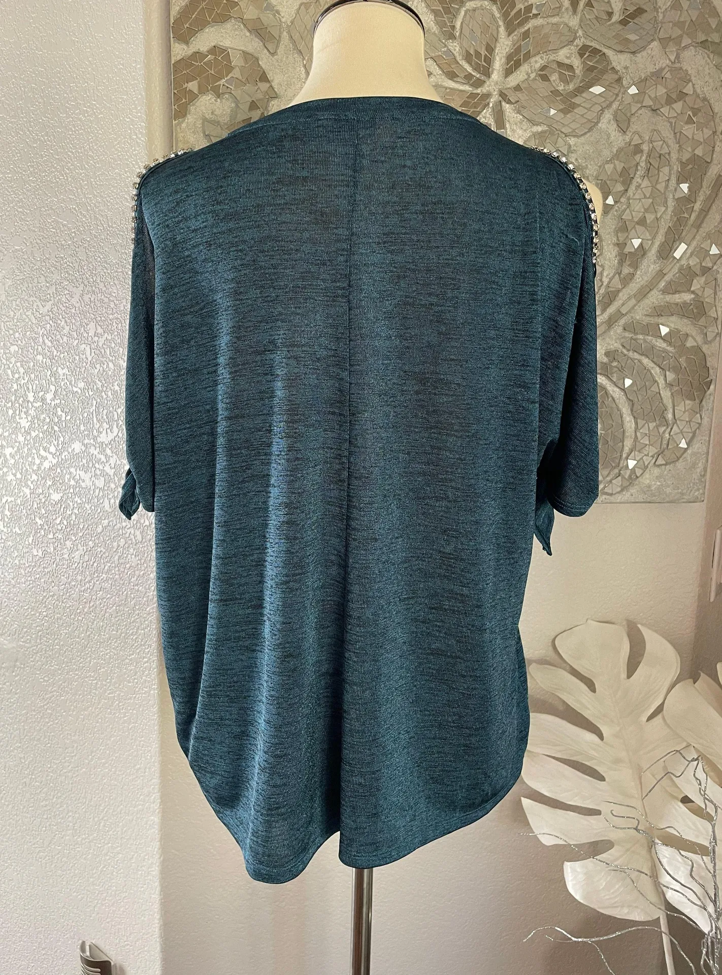 Teal Rhinestone Cold Shoulder Top - Image 3