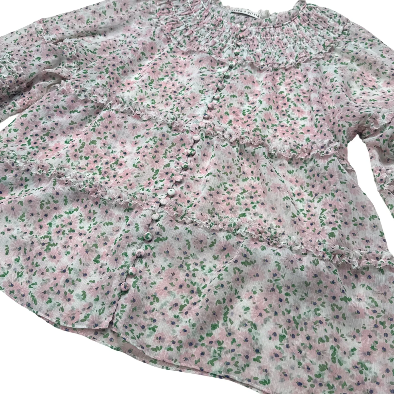 Alice + Olivia Margery Ruffle Tiered Floral Blouse Pink Green Size Large - Image 6