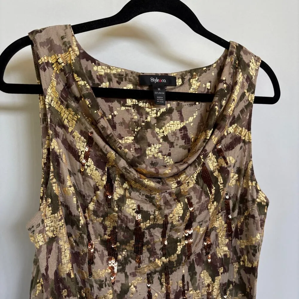 Y2K Shiny Camo Gold Cowl Neck Sleeveless Top Club Rayon Summer Print Top Medium - Image 2