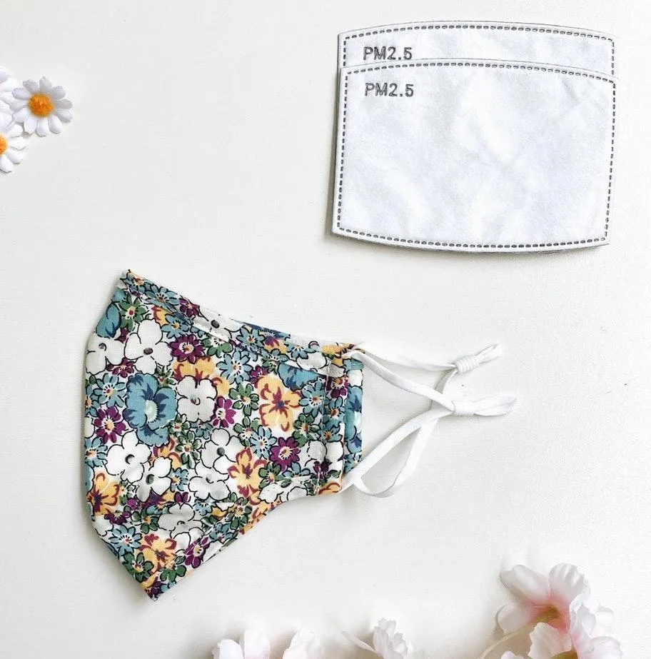 Handmade teal-yellow floral face mask + 2 filters  - Image 3