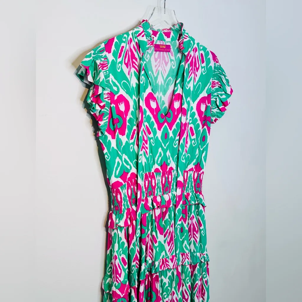 Feather & Find Pink Green Ikat Manifest Peace Midi Tiered Dress Size XL - Image 5