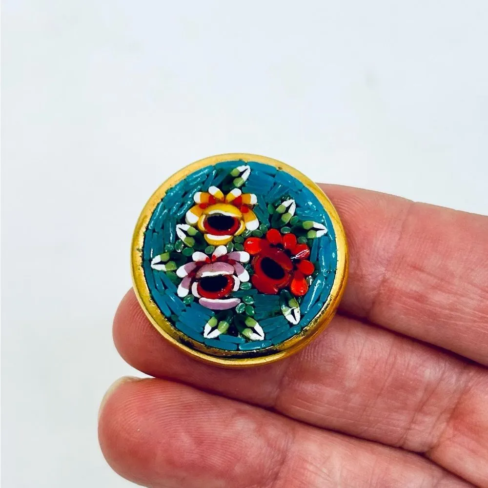 Antique Italian Micro Mosaic Brooch Floral Design Round Gold Tone Signed ITALY - Image 2