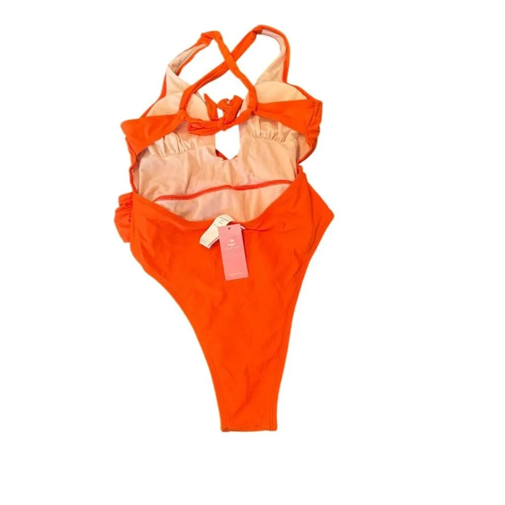 CUPSHE Women's Deep V One Piece Swimsuit Crisscross Back Orange L - Image 5