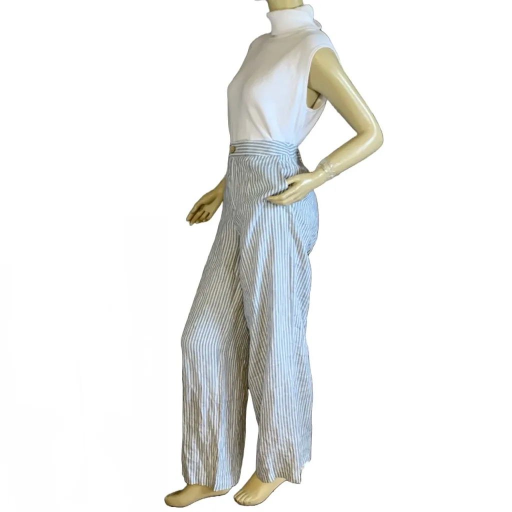 TAHARI BLUE & WHITE STRIPED LINEN WIDE LEG TROUSERS (10) - Image 5