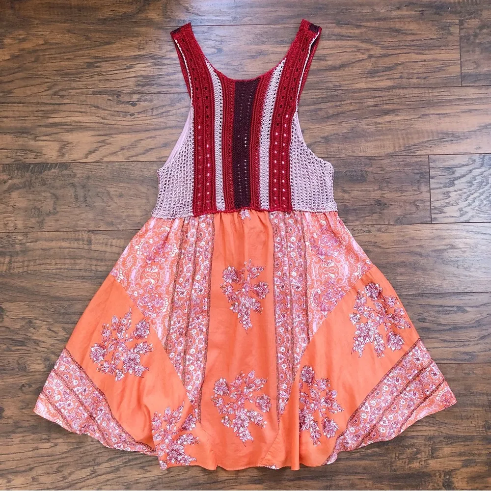 Free People • Katie’s Crochet Top Mini Dress boho bandana print red orange flare - Image 4