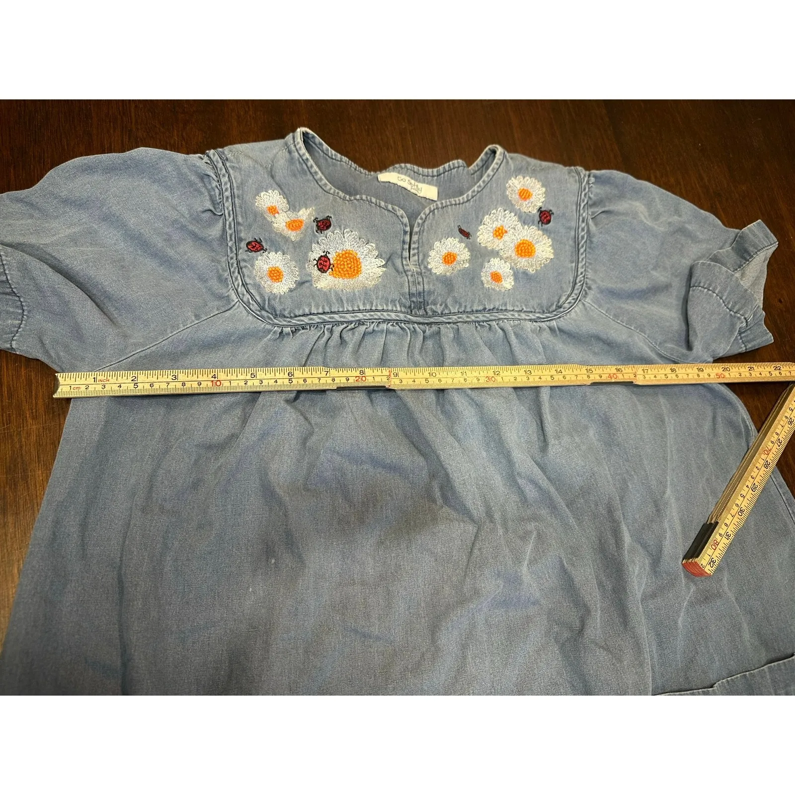 Go Softly Patio Denim Floral Embroidered Dress Women L Grandma Grunge Comfy Flaw Blue Size L - Image 4