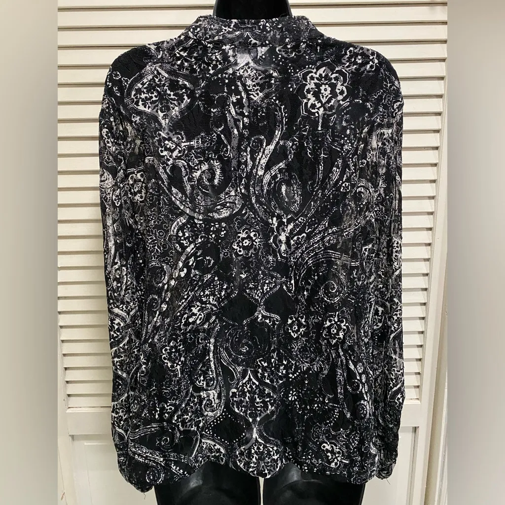 Christopher & Banks Paisley Lace Button Up Light Jacket Size L Black/White Long - Image 5