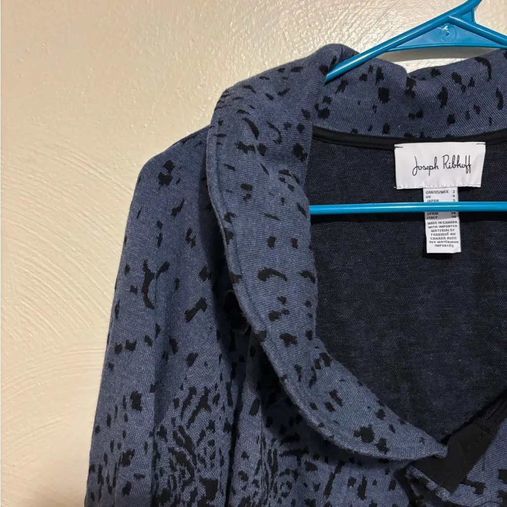 Joseph Ribkoff Cropped Open Front Jacket Slate Blue Black Print Made in Canada - Image 5