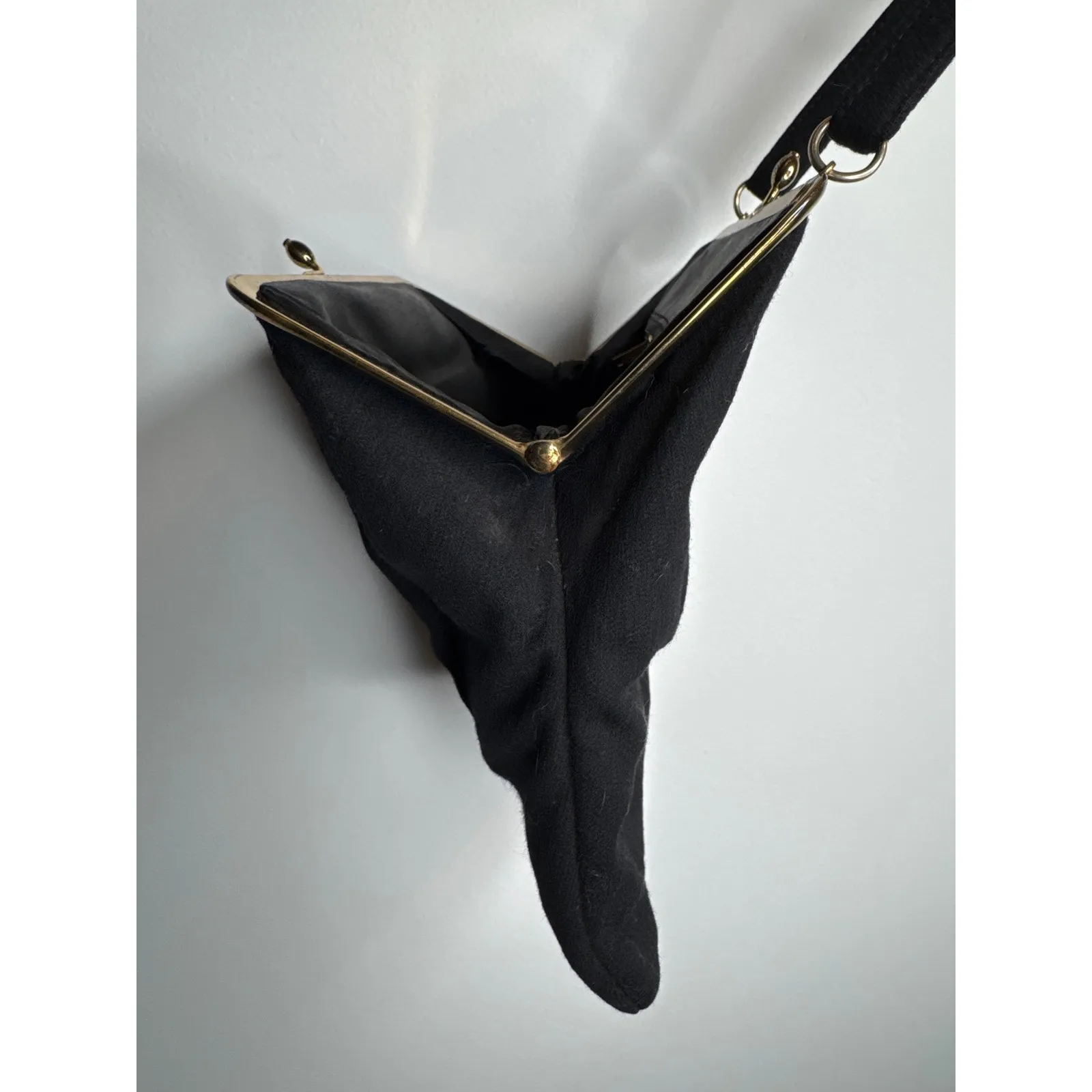 Vintage 1940s Ingber Black Fabric Evening Bag w/ Bow Handle & Gold Frame - Image 9