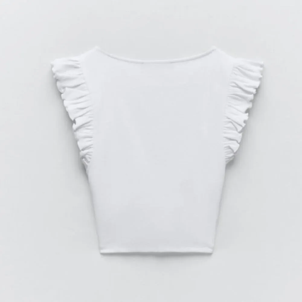 Zara White Ruffle Sleeve Ribbed Knit Ruched Stretch Deep V Crop Blouse Top Sz S - Image 4