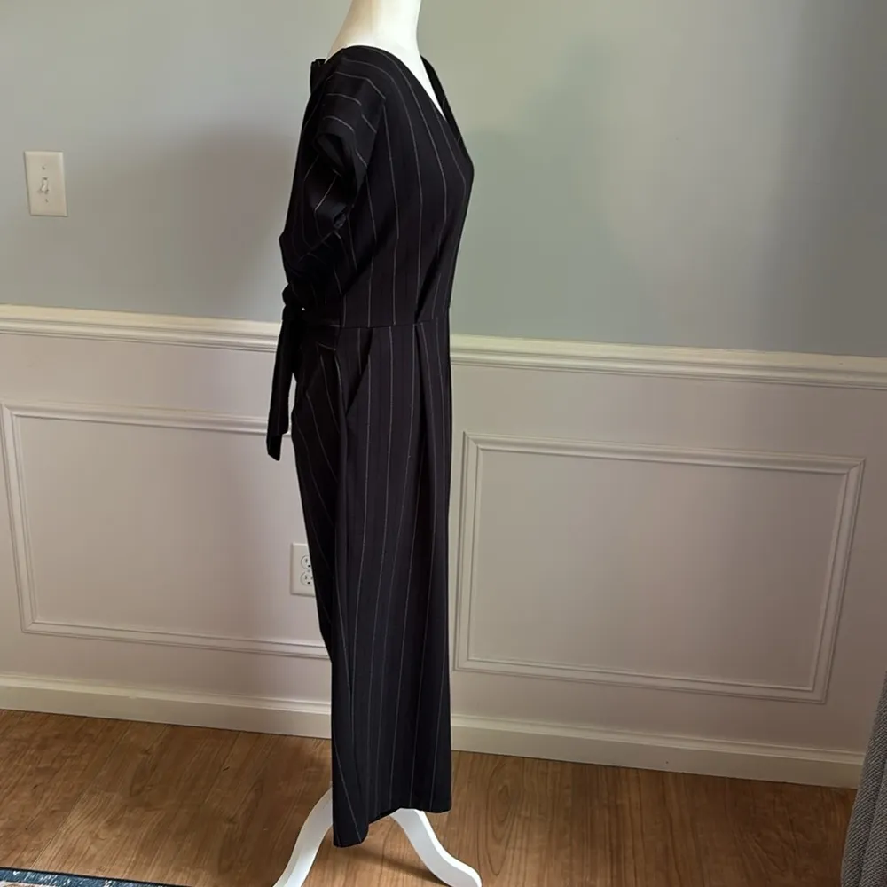 bishop + young Black Cropped Wide Leg Jumpsuit Pinstripes V-Neck Size Large - Image 6