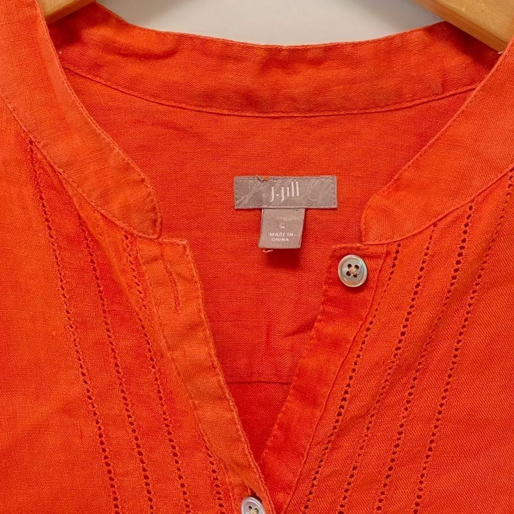 J. Jill Women’s Large Lagenlook 100% Linen Button Down Shirt Orange Oversized - Image 3