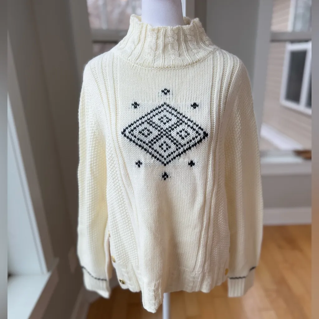 The Reeds x J. Crew Ivory Cable Knit Side Button Mockneck Sweater Size Large - Image 14