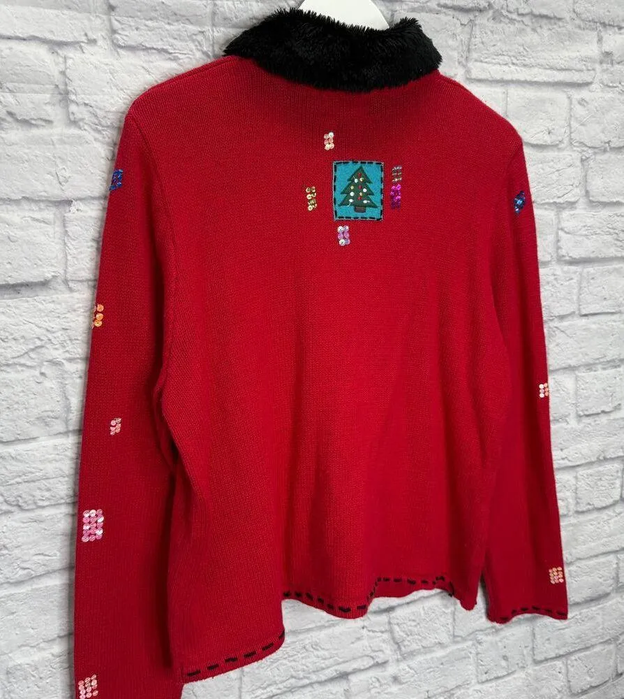Vintage Planet Faux Fur Collar Christmas Cardigan Sweater Petite XL Beaded Red Size undefined - Image 6