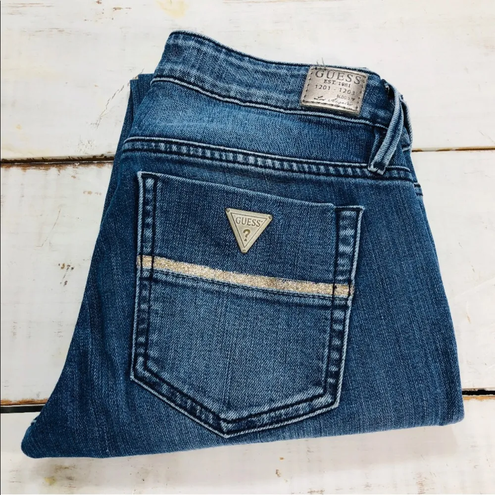 Y2K Guess Jeans Kate Skinny Jeans Medium Wash Stretchy Shimmer Glitter Pocket 26 - Image 3