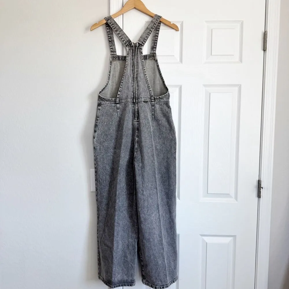 NEW RVCA Crystal Denim Overalls Gray Stripes Wide Leg Crop 100% Cotton Size M - Image 8
