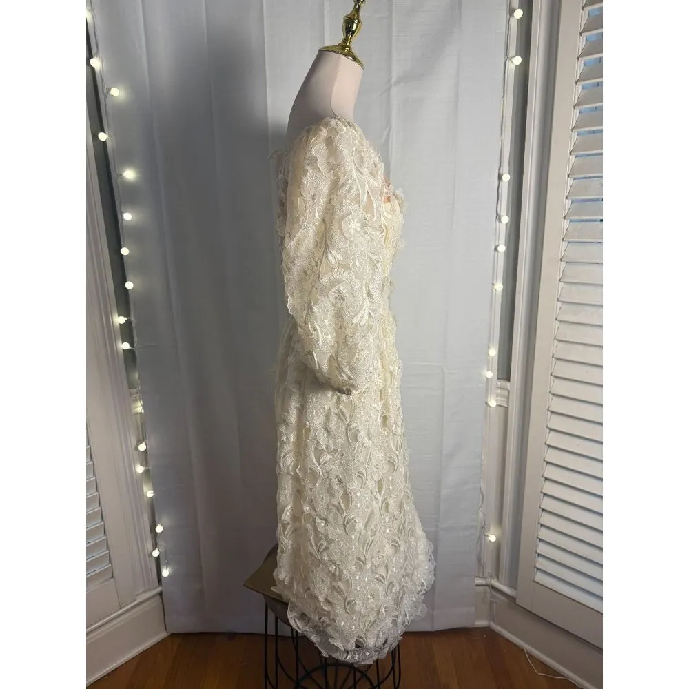 Vintage Richilene Lace Dress With Embroidered Floral Design & Puff Sleeves Tan Size 10 - Image 3