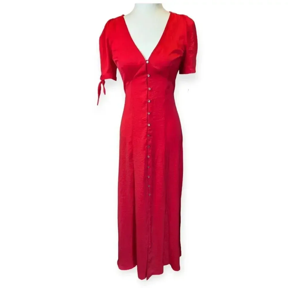 Express Midi Dress Red Waist Defined Button Front Open Back Silky Holiday - Image 11