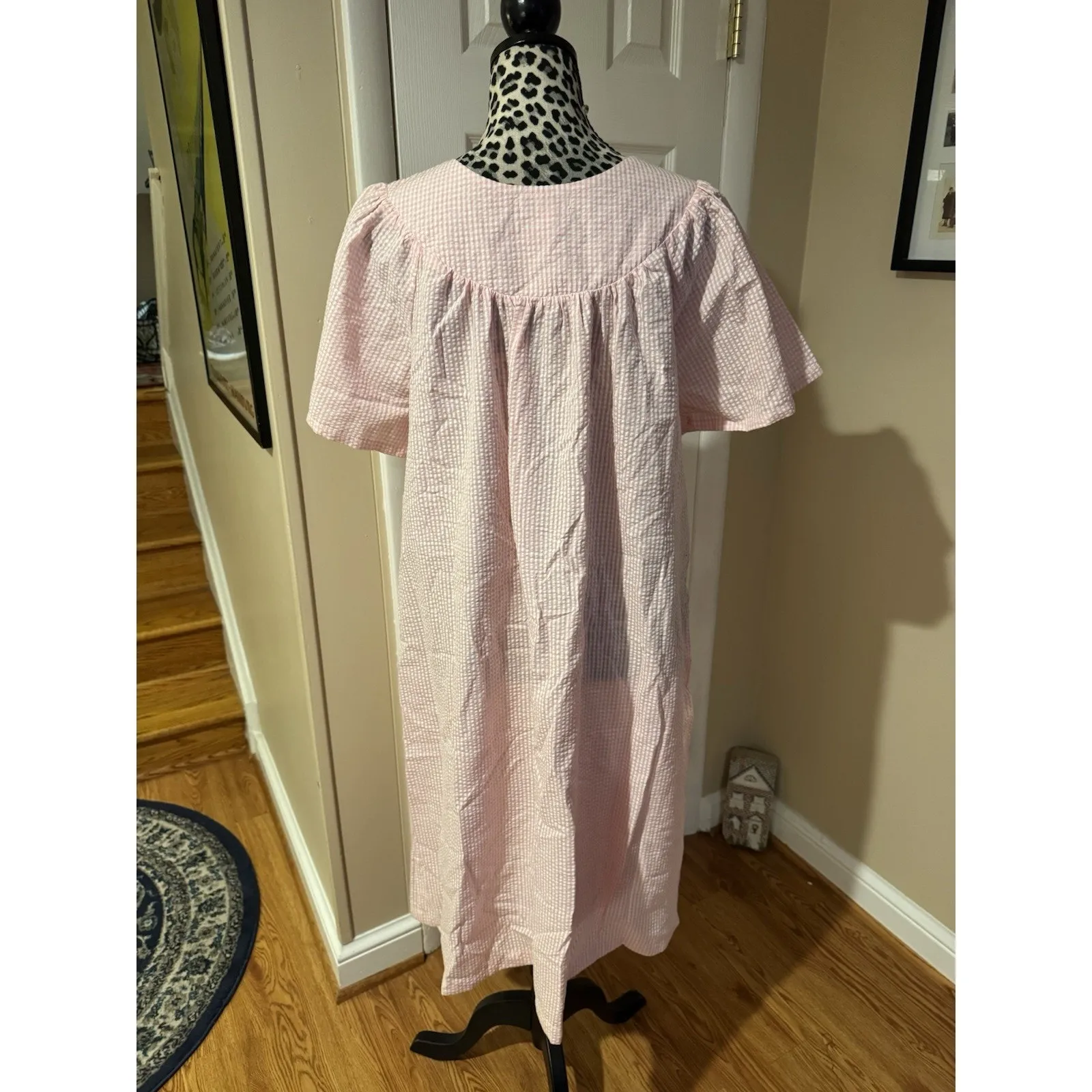 Miss Elaine Pink/white Robe Muu Muu Nightgown Snap Front Pockets New Gingham L Size L - Image 2