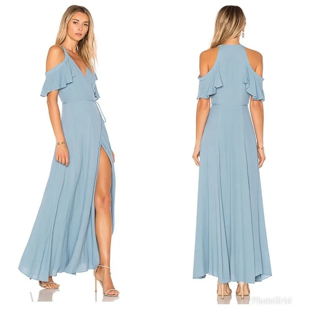 PRIVACY PLEASE Off The Shoulder Maxi Wrap Dress Thigh Slit‎ Blue Small New - Image 3