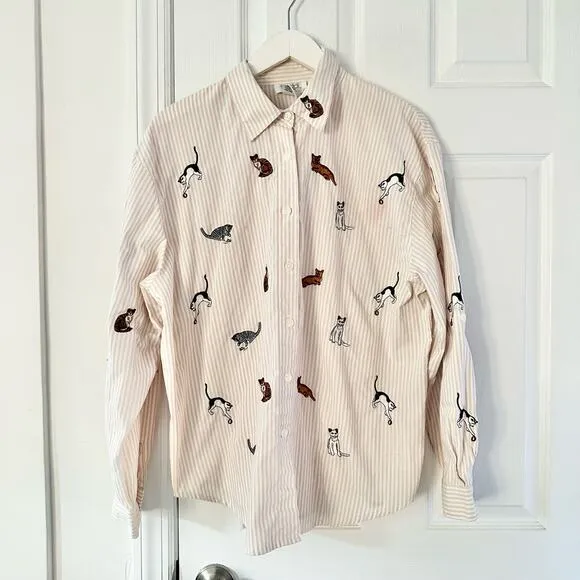 Teddi Vintage Beige White Seersucker Stripe Buttondown Embroidered Cats Large - Image 1