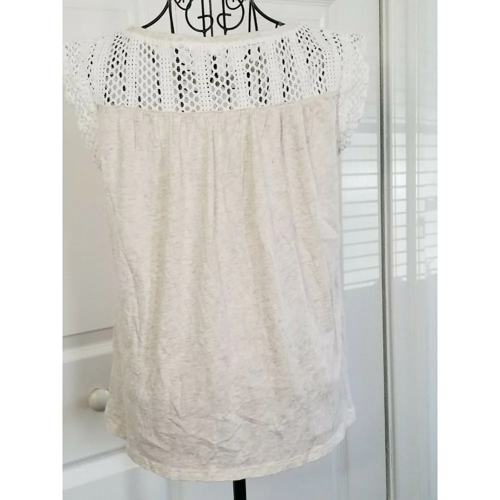 GAP Women’s Cotton Top Crochet Yoke &Cap-Sleeve Heather Oatmeal/White Size XS - Image 2