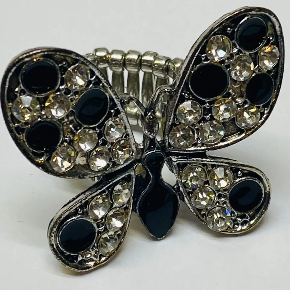 Ring Stretch Butterfly Shape Women Rhinestone Accents Enamel Silver Color Metal - Image 11