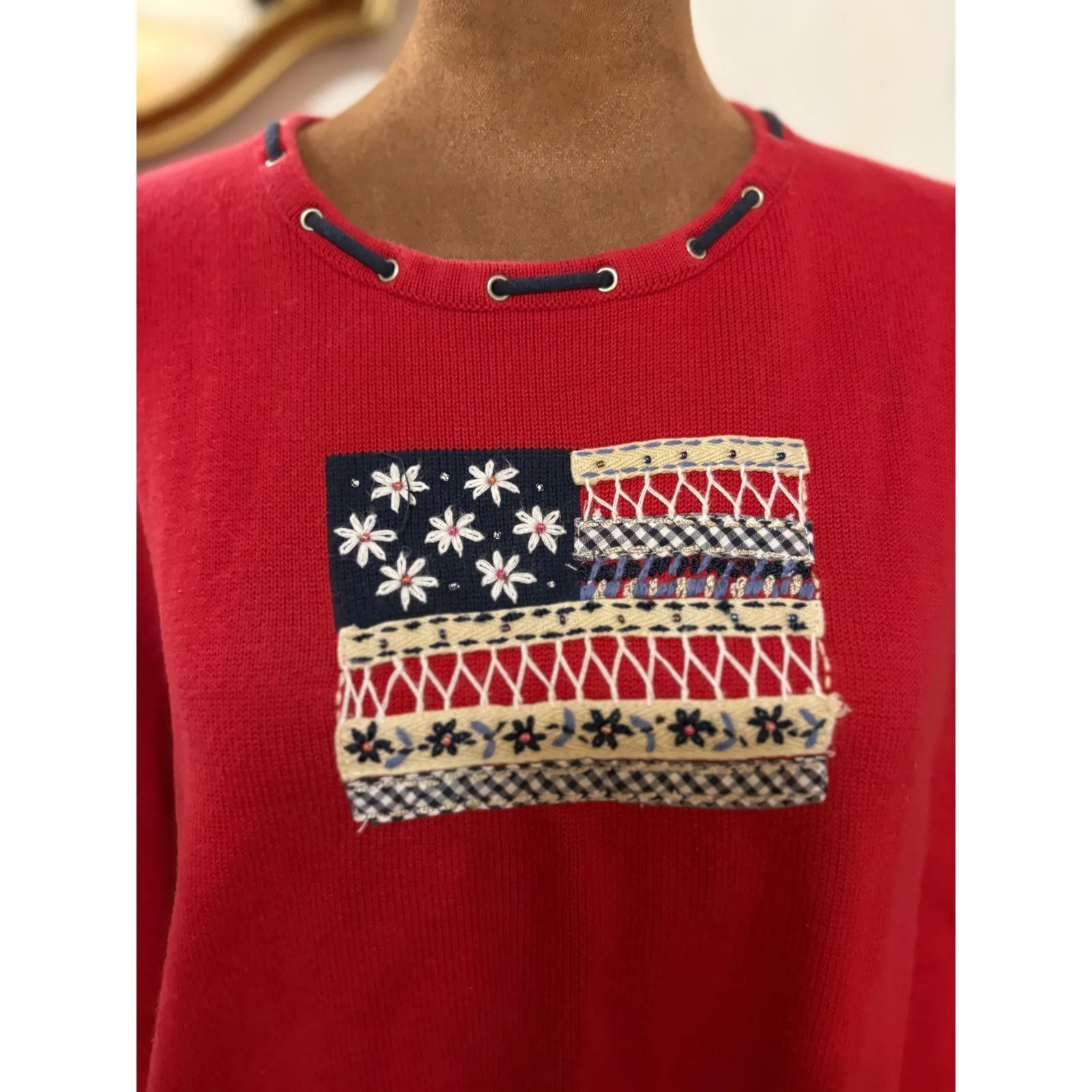 Alfred Dunner Red Patriotic American Flag Embroidered Sweatshirt - Image 2