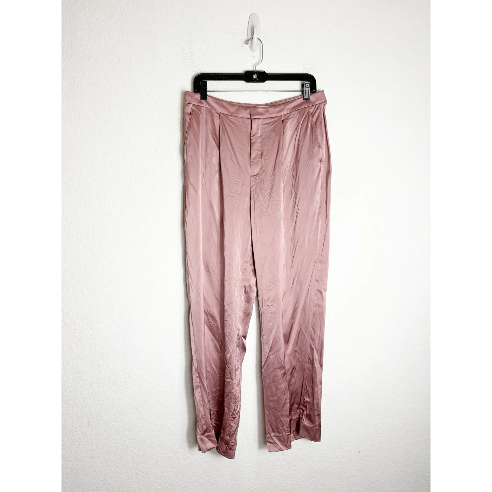 VINCE Liquid Shine Straight Leg Trousers Size 10 Pink Satin Wide Leg Career Wear - Image 4
