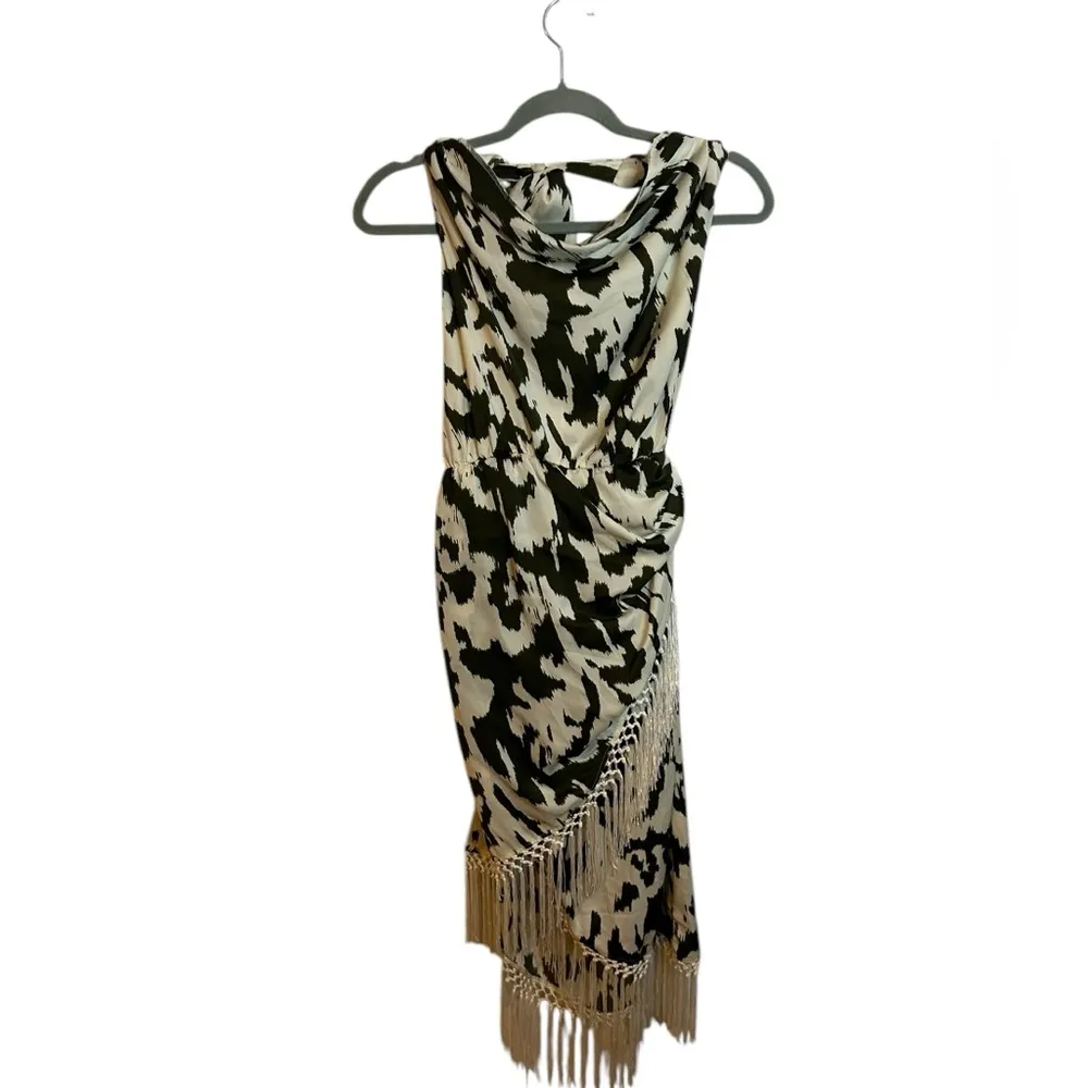 Anthropologie Cowl Halter Neck Fringe Wrap Dress - Image 3