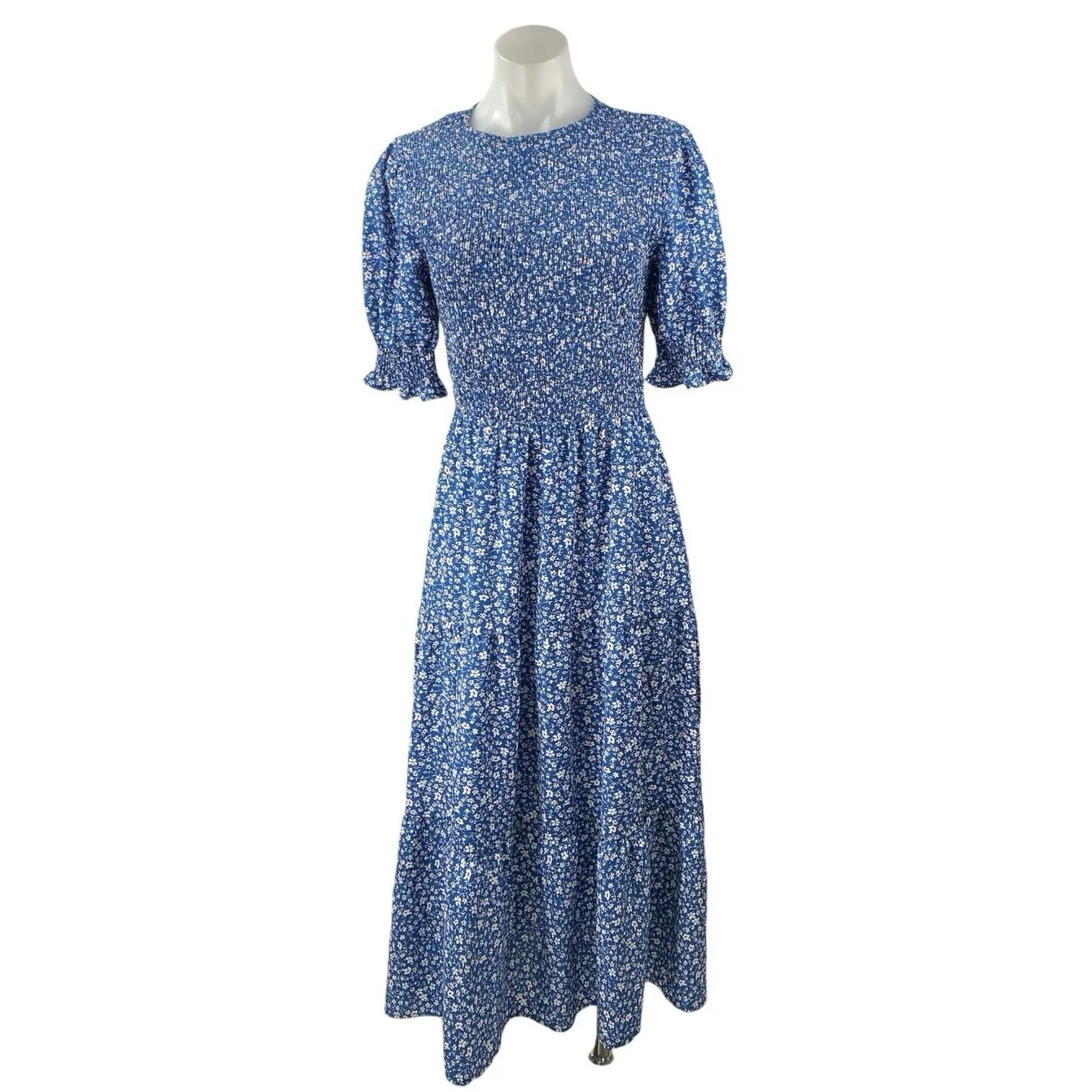 BTFBM Women's Blue Floral Peasant Short Puff Sleeve Tiered A Line Maxi Dress M Size M - Image 2