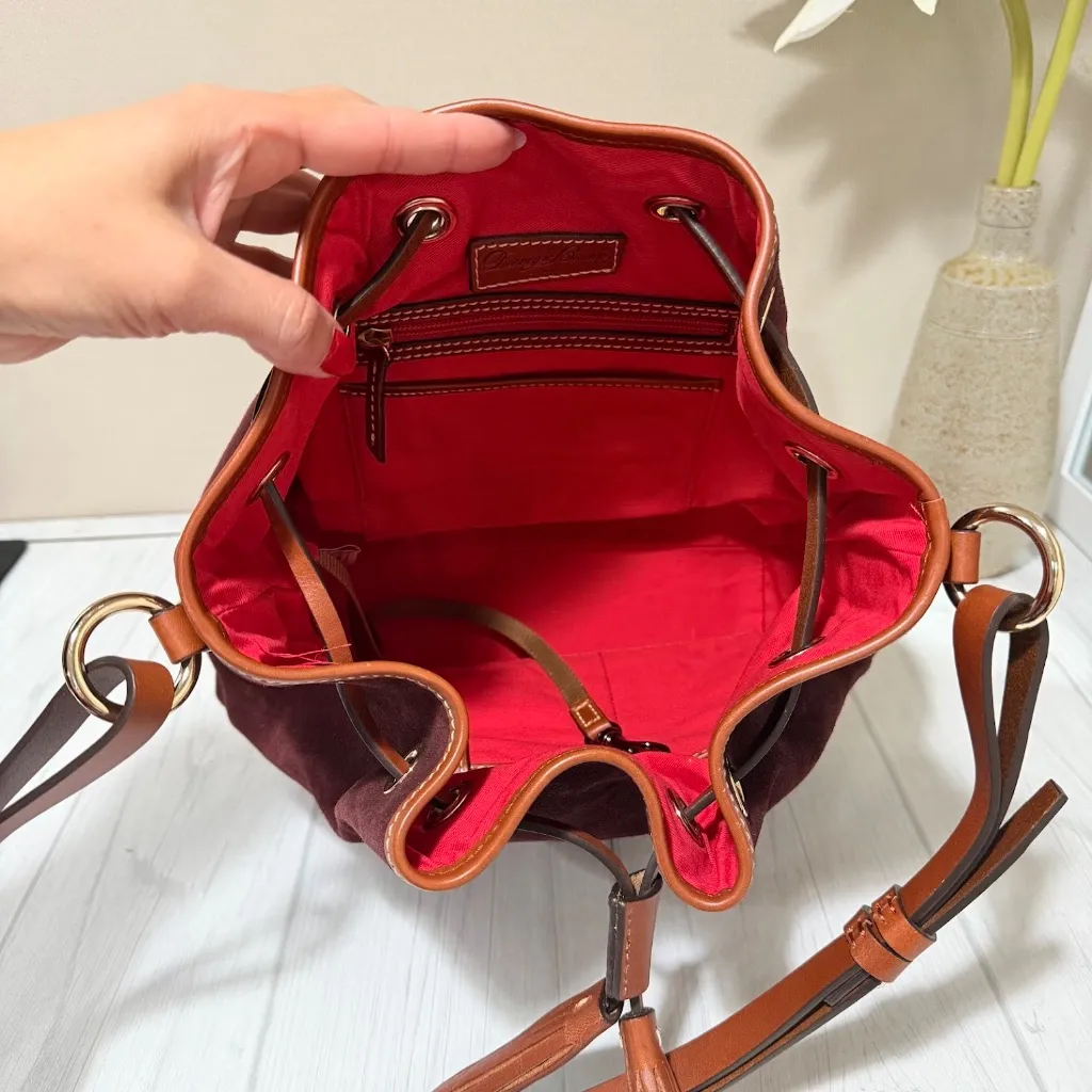 Dooney & Bourke Burgundy Suede Leather Drawstring Bucket Shoulder Bag - Image 10