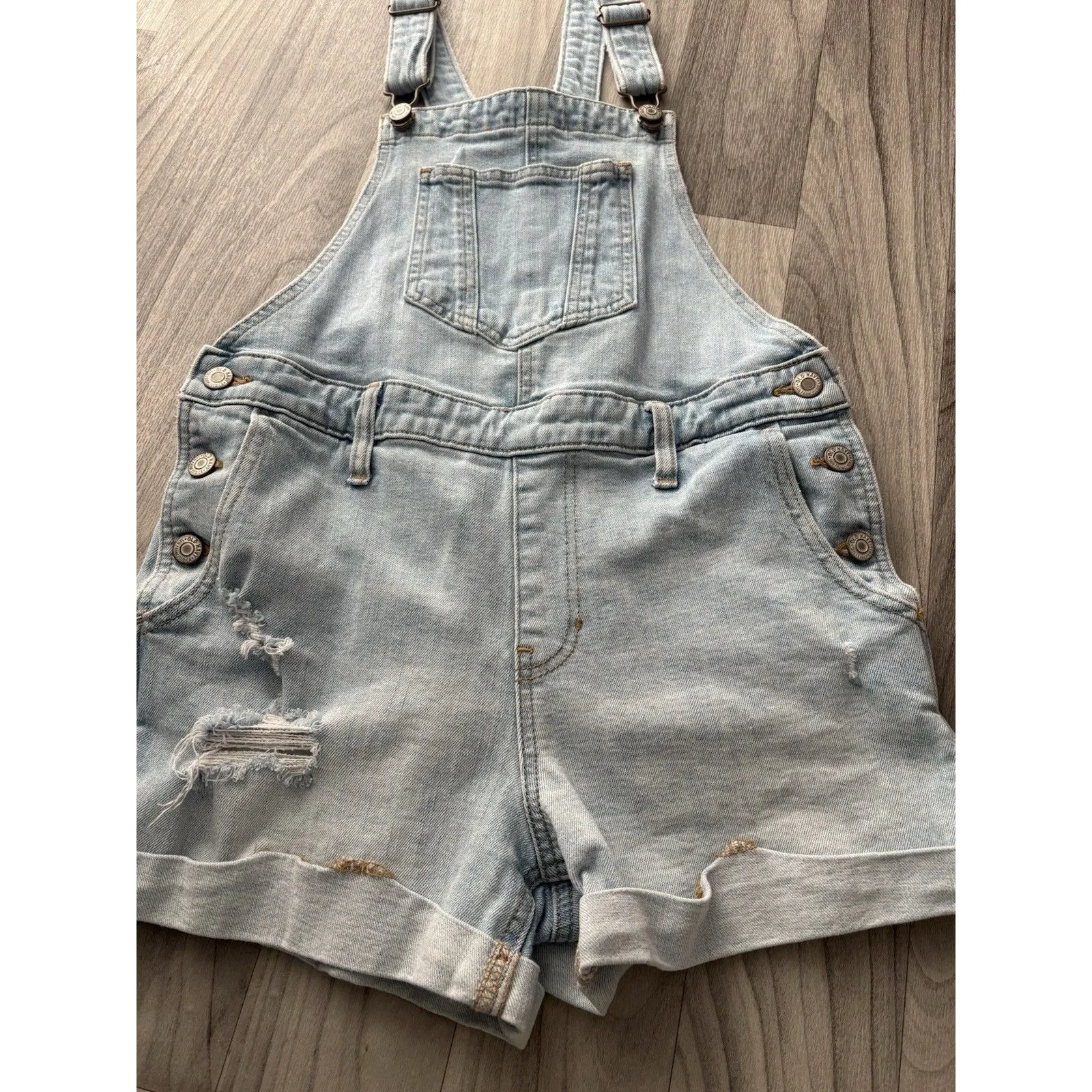 Old Navy Shortalls Womens Small Blue Shorts Bib Overalls Cuffed Distressed 30x3 - Image 7