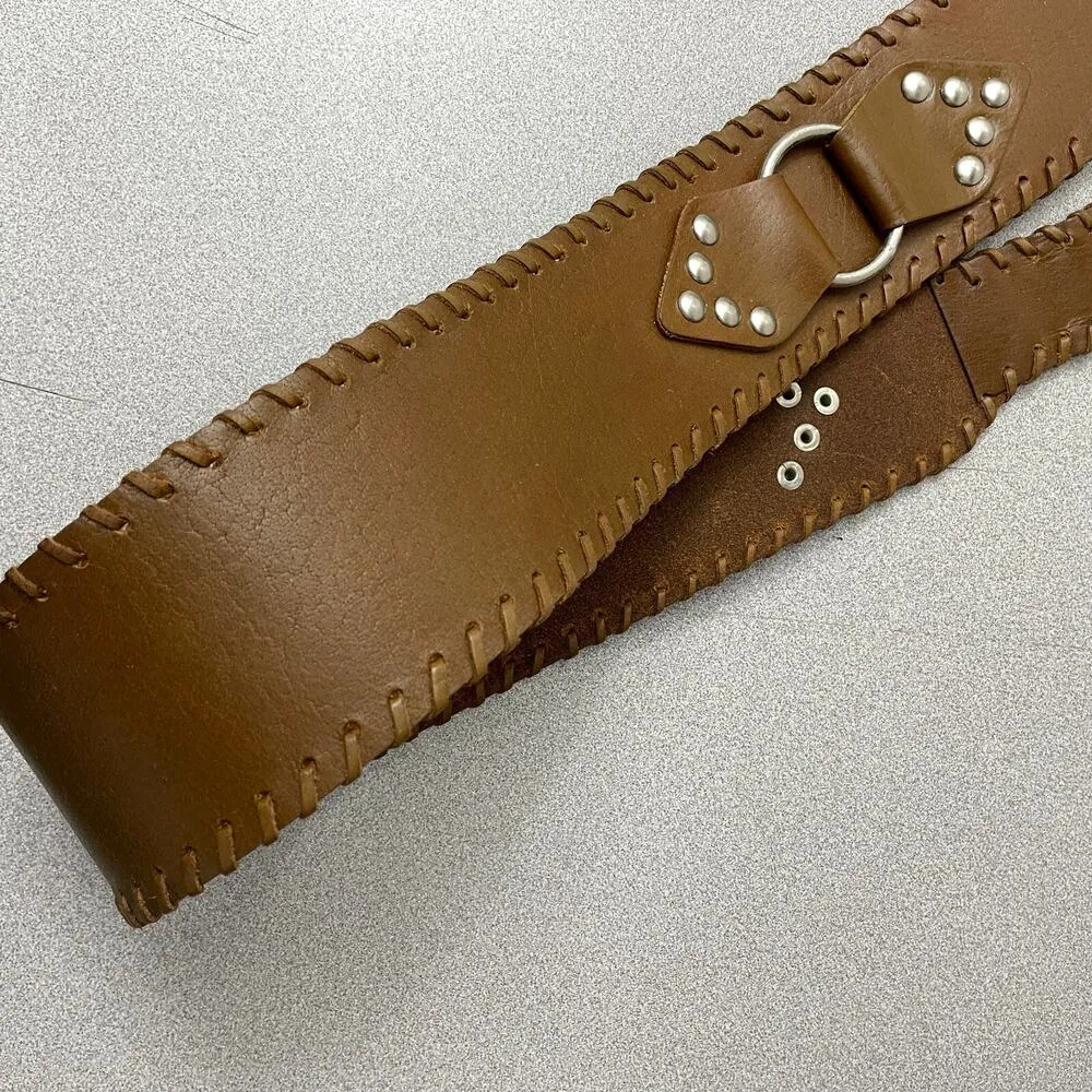 Vtg Calvin Klein Brown Leather Equestrian Belt Silver Metal O Rings Wide Stud XL - Image 3