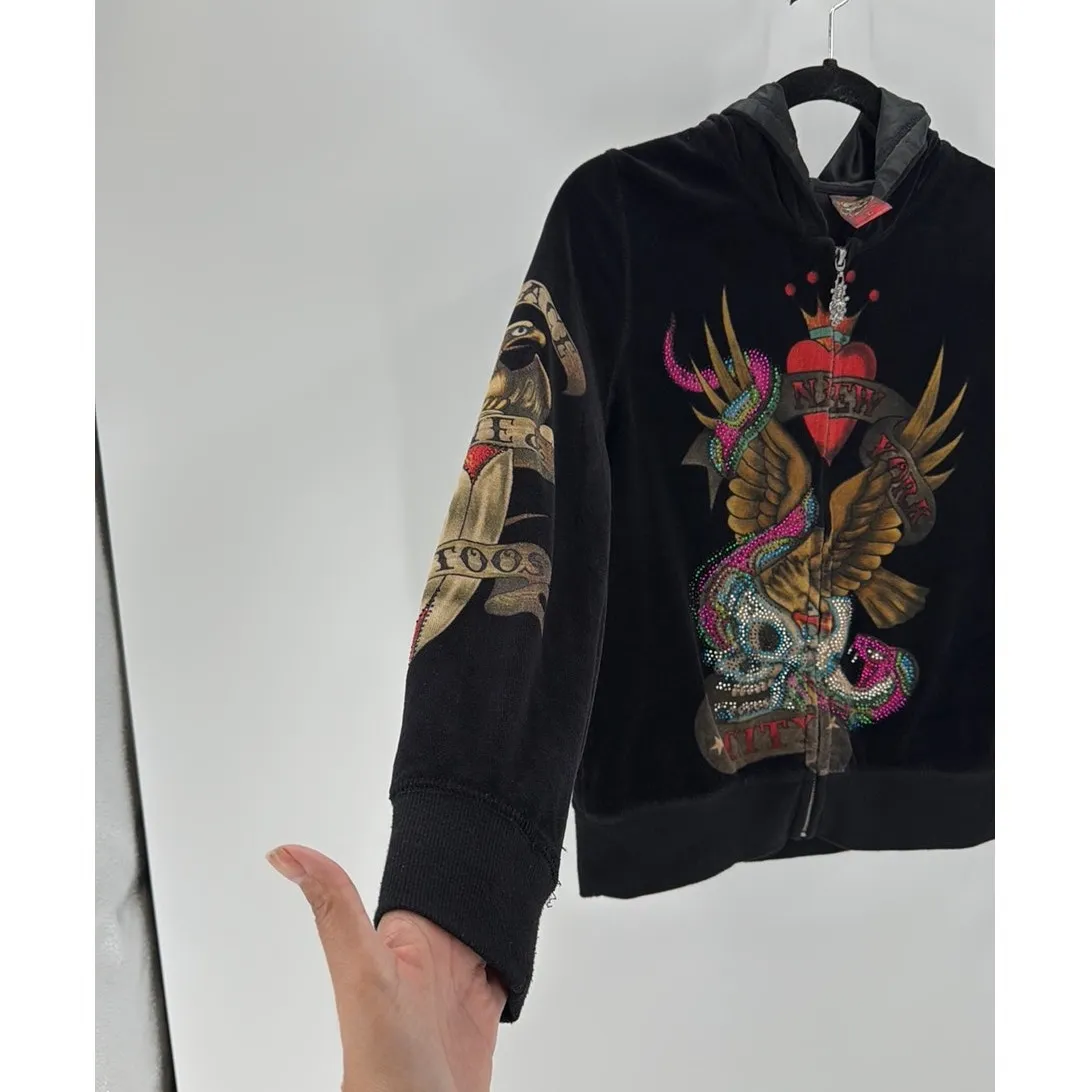 Vintage Y2K Ed Hardy Christian Audigier Full Zip Velour Hoodie Rhinestone size L - Image 6