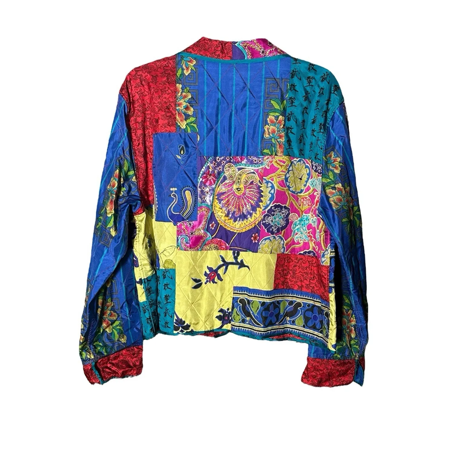 Vintage 100% Silk Patchwork‎ Chicos Jacket Large (2) Pockets Boho Rainbow #A4-1 - Image 4