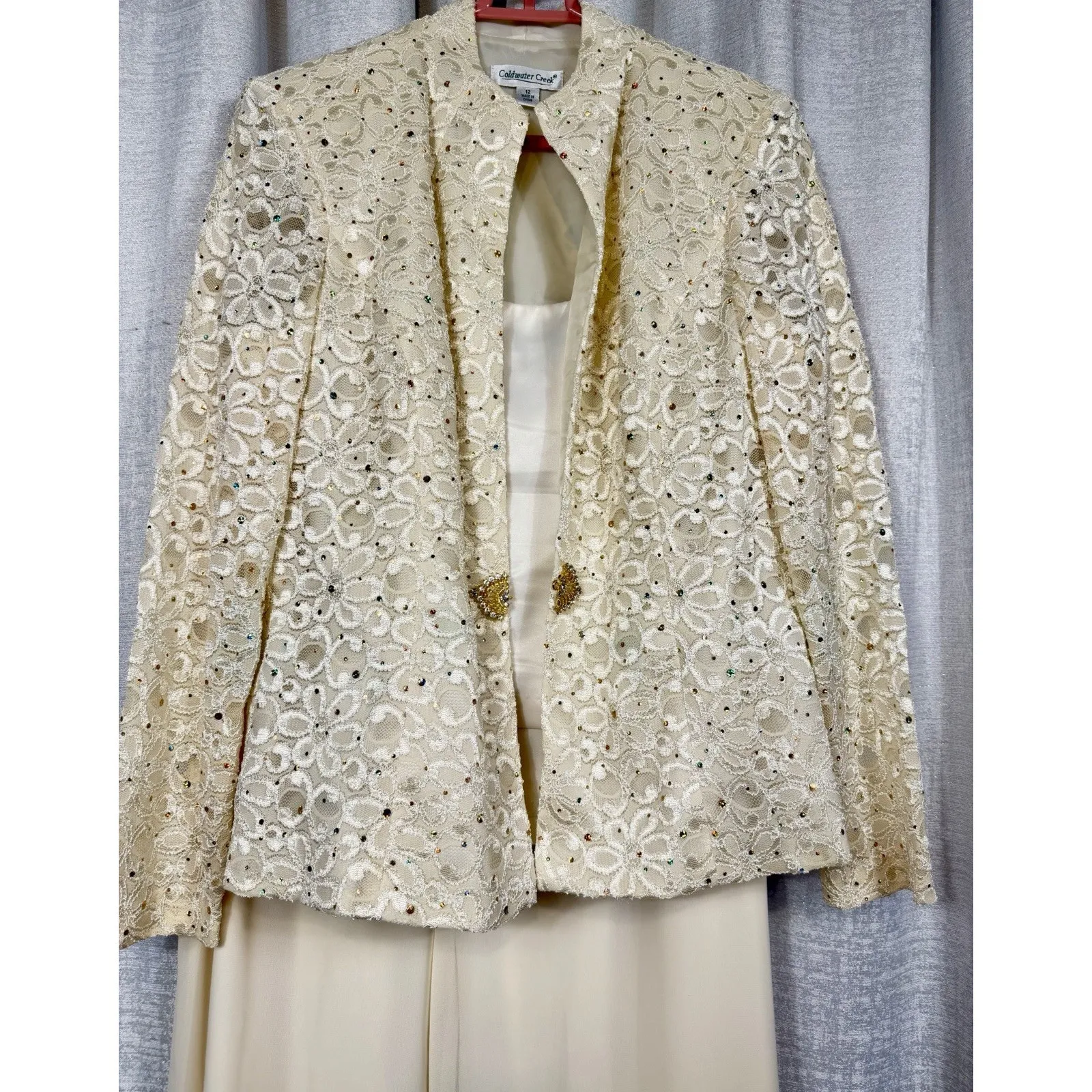 Coldwater Creek Ivory Lace Jacket & Chiffon Wide-Leg Pants Set Size 12 - Image 4