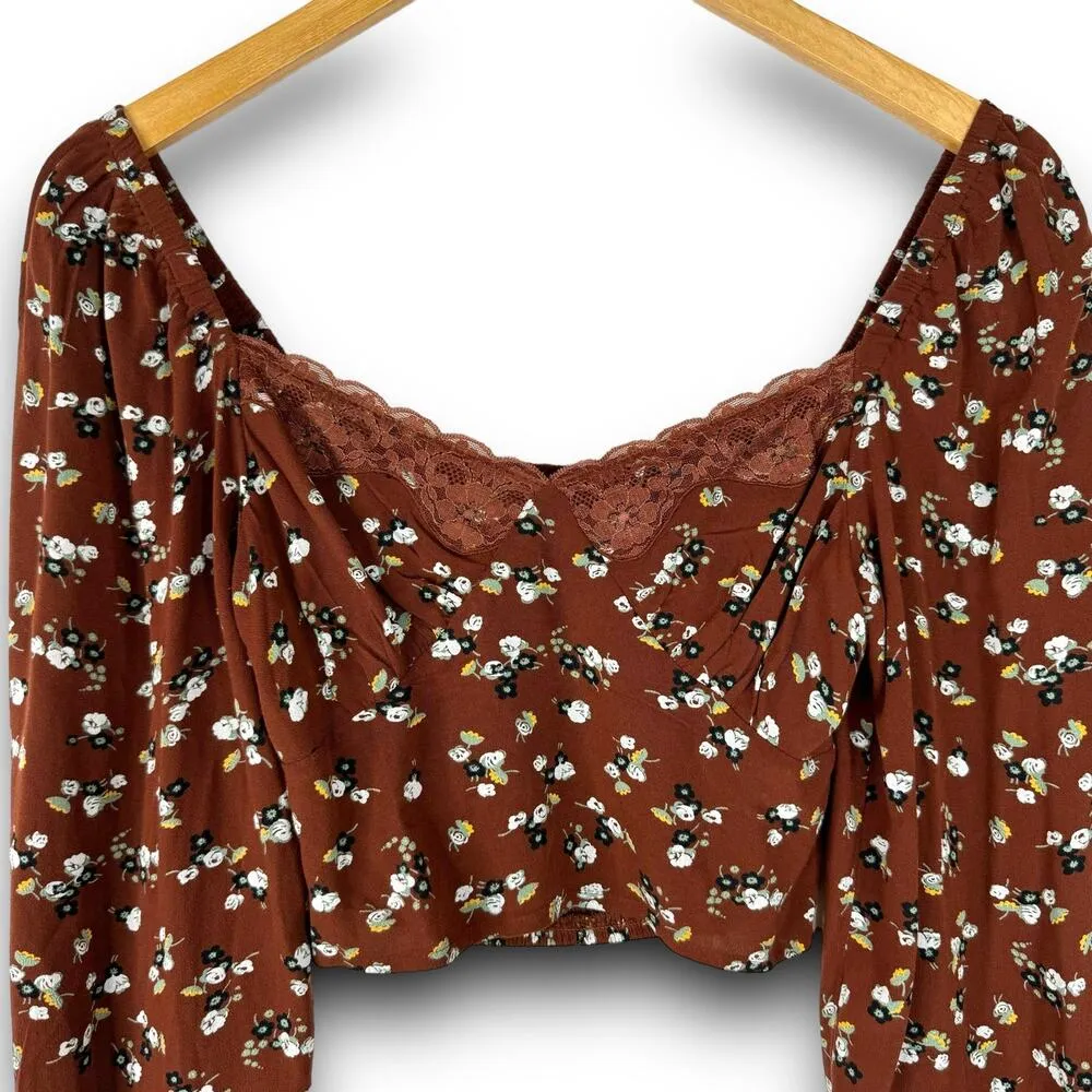 BP Ditsy Brown Floral Long Sleeve Crop Top Lace Neckline Lightweight Smocked XXS - Image 3