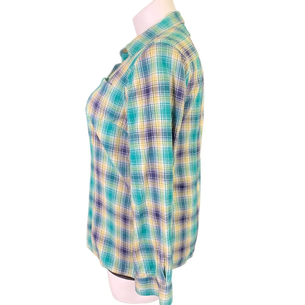 Duluth Trading Co Womens Shirt Top Plaid Button Down Collared Green Blue Large - Image 6