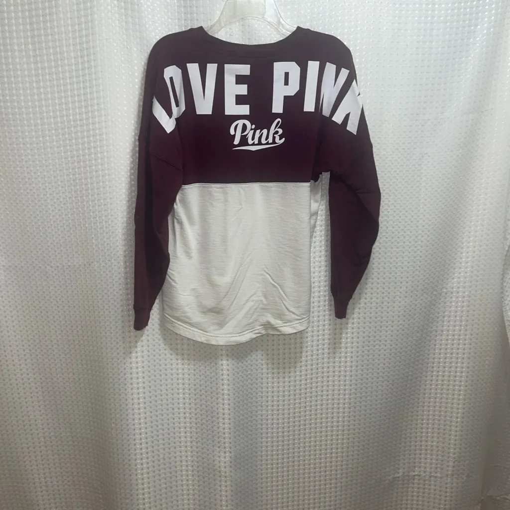 Victoria’s Secret PINK Campus Long Sleeve Shirt Burgundy White Colorblock XS - Image 4