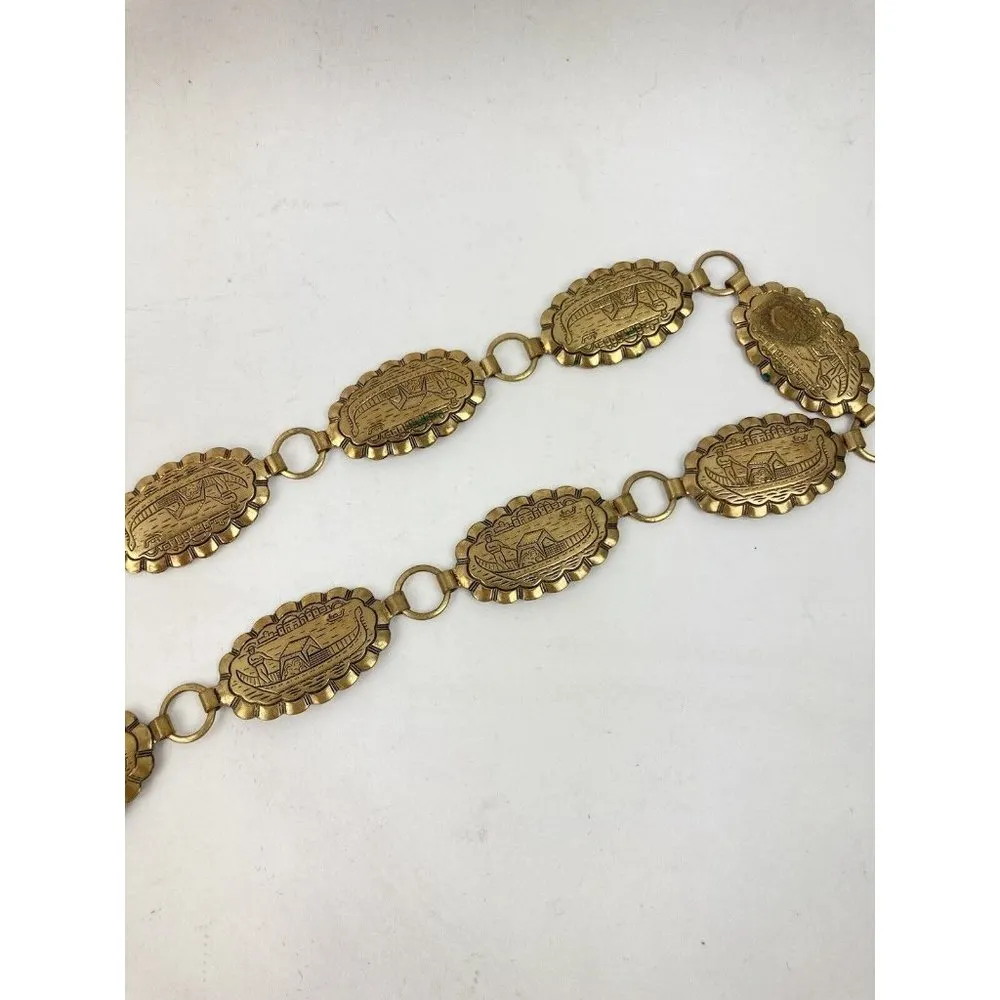 Unique Vintage *Vintage Gold Tone Metal Linked Hip Belt Asian Boats On Water - Image 4